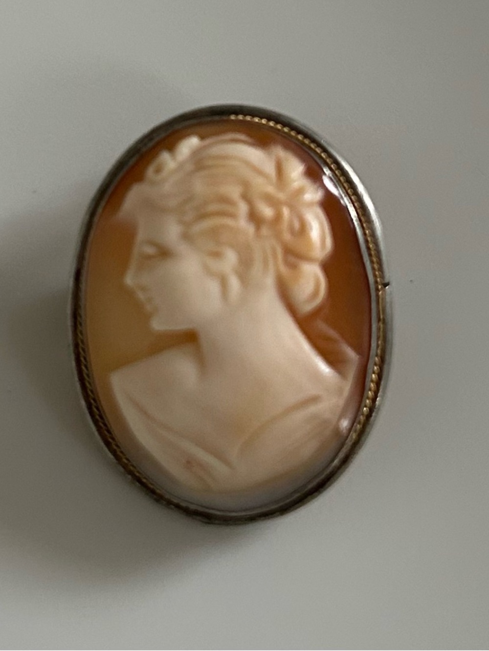 Classic European Antique Shell Cameo Brooch - Cream on Caramel/silver